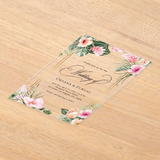 ピンク金ゴールド熱帯ビーチ行先結婚式 アクリル招待状 (レイダウン)