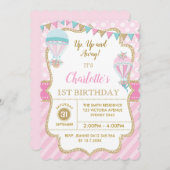 ピンク金ゴールド熱気球バースデーパーティー招待状 招待状 (正面/裏面)