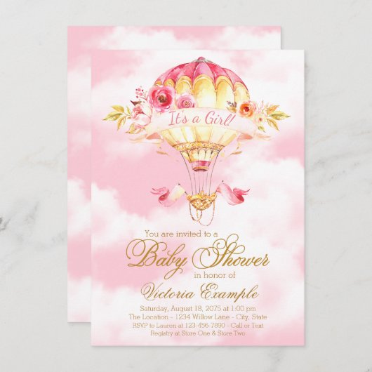 ピンク金ゴールド熱気球ベビーシャワー招待状 招待状 (正面/裏面)