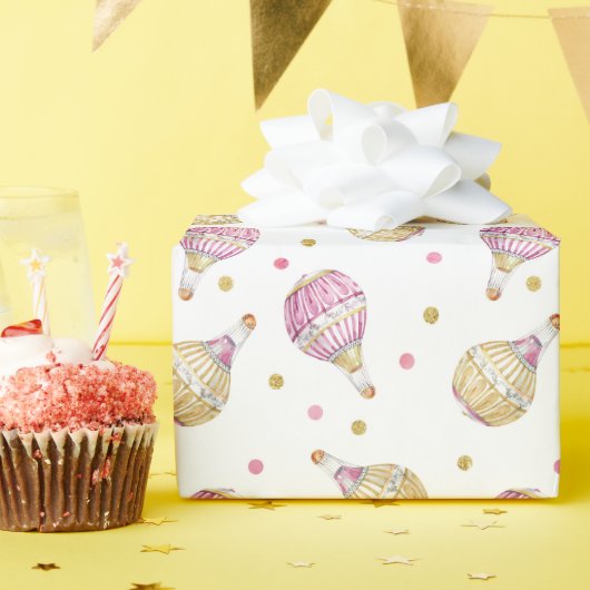 ピンク金ゴールド熱気球紙吹雪 ラッピングペーパー (誕生日パーティー)