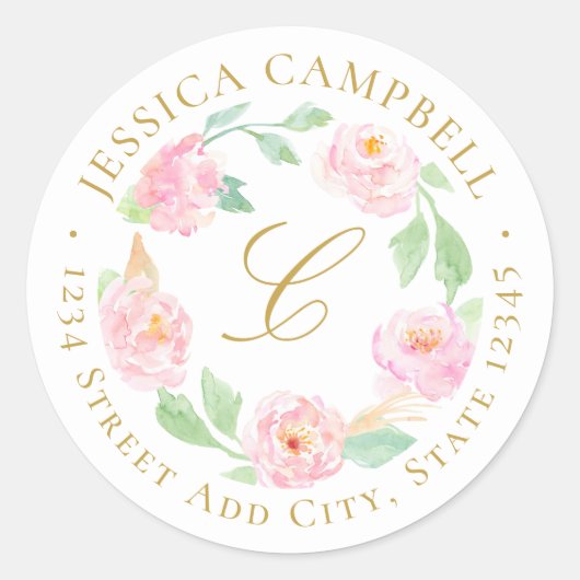 ピンク金ゴールド牡丹フローラリースカスタムアドレス ラウンドシール (正面)