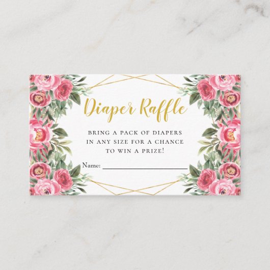 ピンク金ゴールド牡丹ベビーシャワーおむつラッフル エンクロージャーカード (正面)