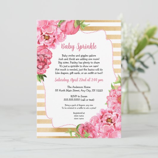 ピンク金ゴールド牡丹ベビー散布招待状 招待状 (スタンド正面)