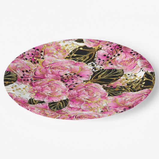 ピンク金ゴールド牡丹 ペーパープレート (アングル)