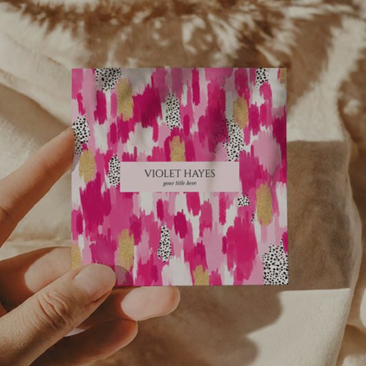 ピンク金ゴールド白黒水玉模様ブラシストローク スクエア名刺