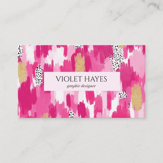 ピンク金ゴールド白黒水玉模様ブラシストローク 名刺 (正面)