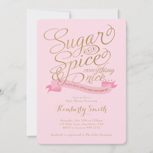 ピンク金ゴールド砂糖とスパイスベビーガールベビーシャワー 招待状 (正面)
