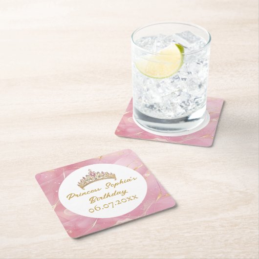ピンク金ゴールド童話プリンセスクラウンバースデーパーティー スクエアペーパーコースター (インサイチュ)