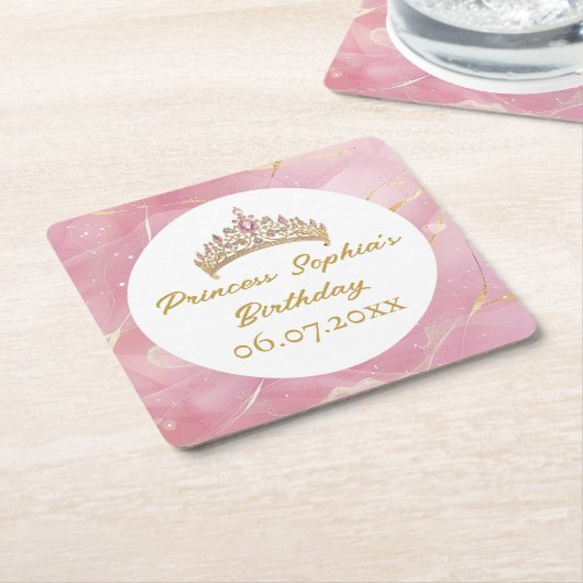ピンク金ゴールド童話プリンセスクラウンバースデーパーティー スクエアペーパーコースター (アングル)