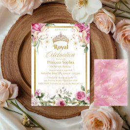 ピンク金ゴールド童話プリンセスクラウンバースデーパーティー 招待状