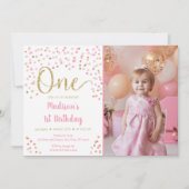 ピンク金ゴールド紙吹雪ウォーターカラーファースト誕生日 招待状 (正面)