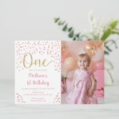 ピンク金ゴールド紙吹雪ウォーターカラーファースト誕生日 招待状 (スタンド正面)