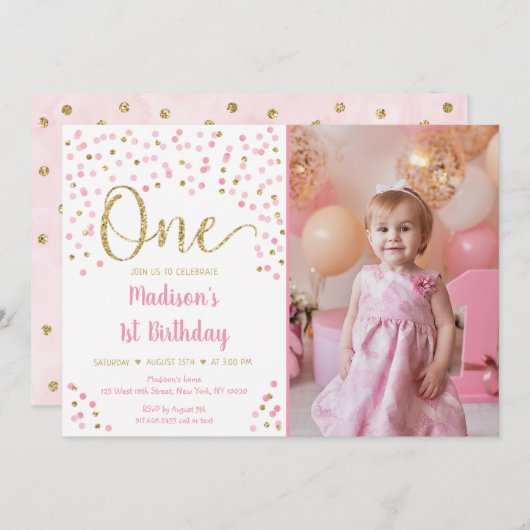 ピンク金ゴールド紙吹雪ウォーターカラーファースト誕生日 招待状 (正面/裏面)