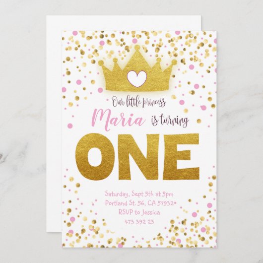 ピンク金ゴールド紙吹雪プリンセス誕生日招待状 招待状 (正面/裏面)