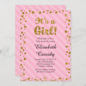 ピンク金ゴールド紙吹雪ベビーガールシャワー招待状 招待状 (正面/裏面)