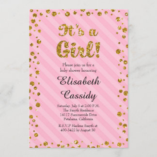 ピンク金ゴールド紙吹雪ベビーガールシャワー招待状 招待状