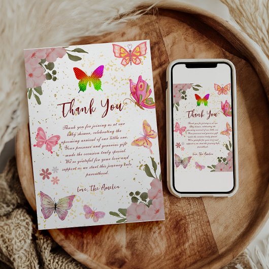 ピンク金ゴールド紫エレガント蝶ガール誕生日 サンキューカード