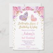 ピンク金ゴールド紫エレガント蝶ガール誕生日 招待状 (正面)