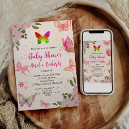 ピンク金ゴールド紫エレガント蝶ガール誕生日 招待状