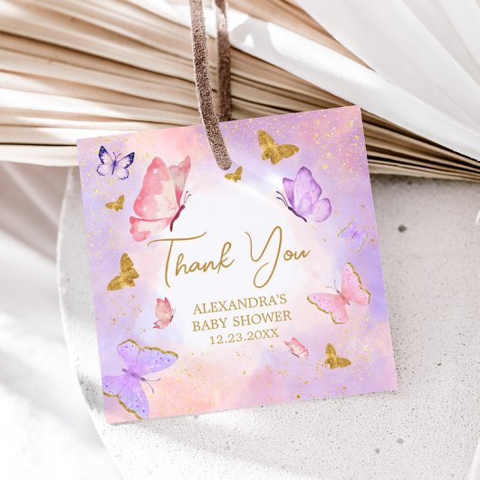 ピンク金ゴールド紫バタフライベビーシャワー フェイバータグ