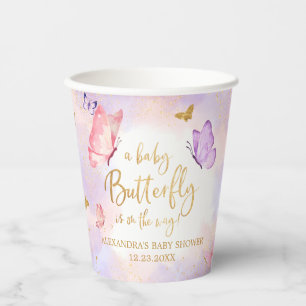 ピンク金ゴールド紫バタフライベビーシャワー 紙コップ