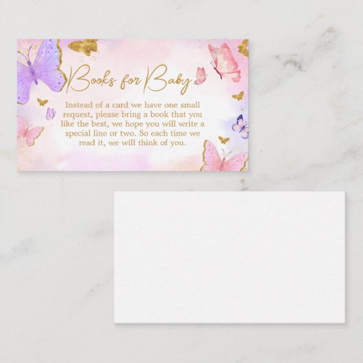 ピンク金ゴールド紫色の蝶の本ベビー エンクロージャーカード (正面/裏面)