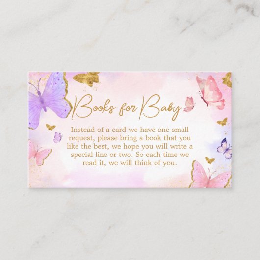 ピンク金ゴールド紫色の蝶の本ベビー エンクロージャーカード (正面)