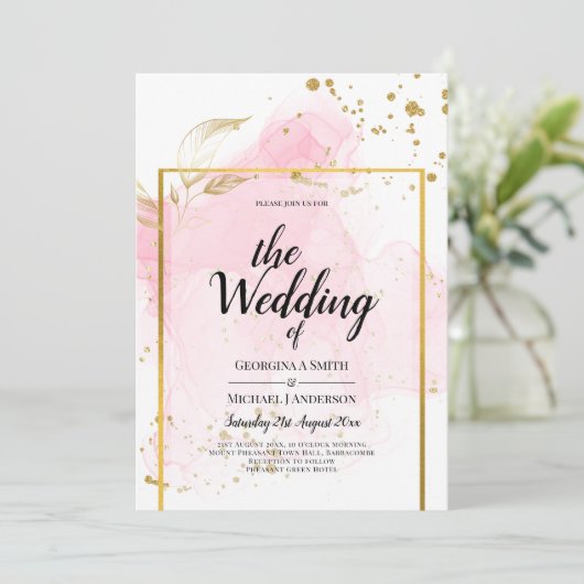 ピンク金ゴールド結婚のアルコールインク抽象芸術 招待状 (スタンド正面)