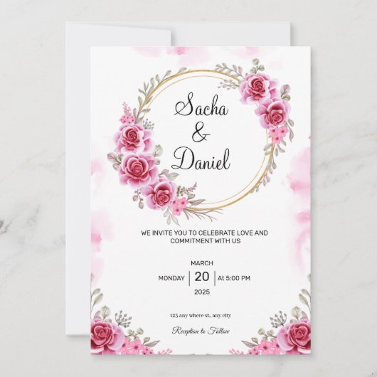 ピンク金ゴールド結婚式招待状 招待状 (正面)