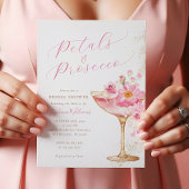 ピンク金ゴールド花びらとプロセッコフローラブライダルシャワー 招待状