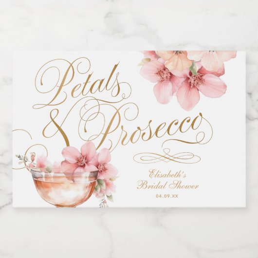 ピンク金ゴールド花びらとプロセッコブライダルシャワー スパークリングワインラベル (シングルラベル)