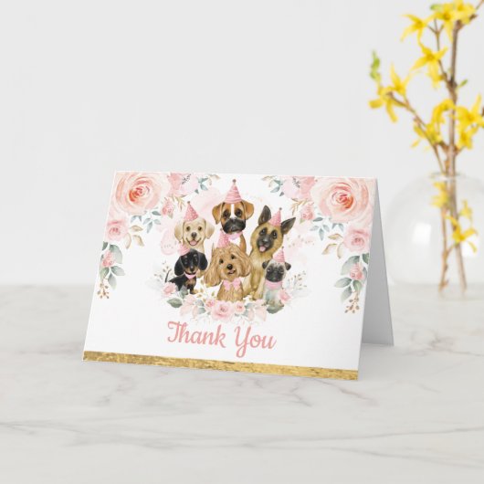 ピンク金ゴールド花子犬ペットドッグ誕生日ありがとう カード (黄色い花)