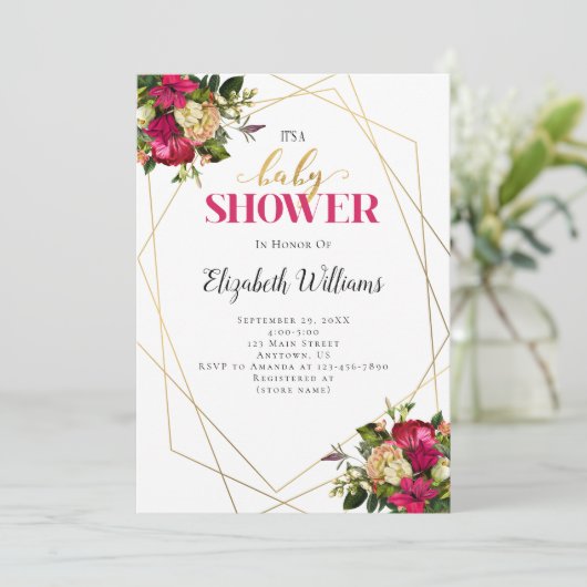 ピンク金ゴールド花赤ちゃんシャワー 招待状 (スタンド正面)