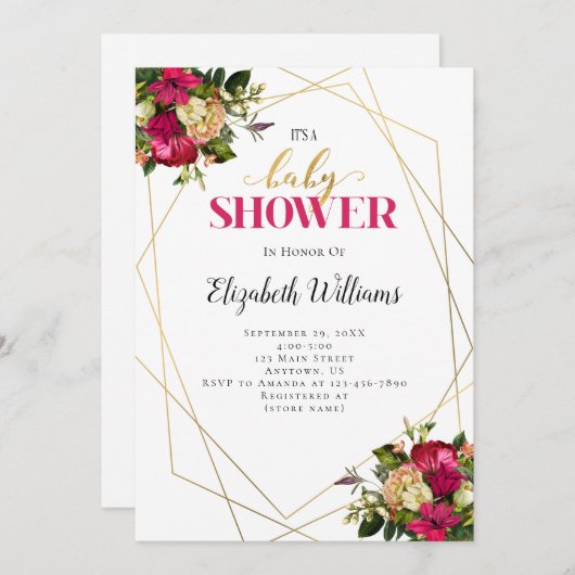 ピンク金ゴールド花赤ちゃんシャワー 招待状 (正面/裏面)