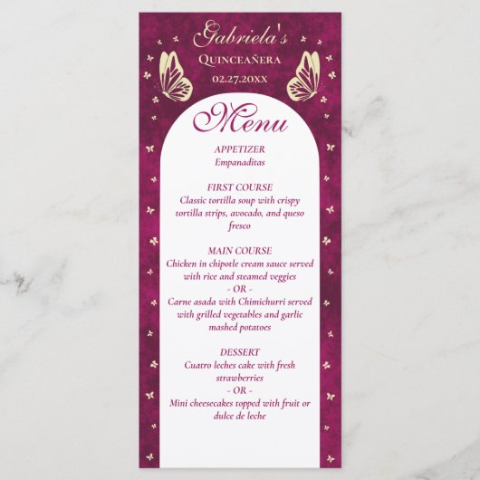 ピンク金ゴールド蝶キンセアニラガール誕生日 メニュー (正面)