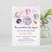 ピンク金ゴールド銀河系のカウントダウンがベビーシャワーを開始 招待状 (スタンド正面)