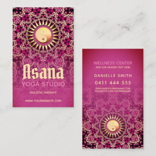 ピンク金ゴールド陰陽ホリスティックエナジーアサナヨガ 名刺 (正面/裏面)