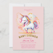 ピンク金ゴールド魔法ユニコーンレインボーガールベビーシャワー 招待状 (正面)