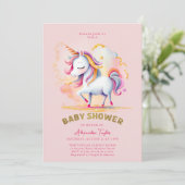 ピンク金ゴールド魔法ユニコーンレインボーガールベビーシャワー 招待状 (スタンド正面)