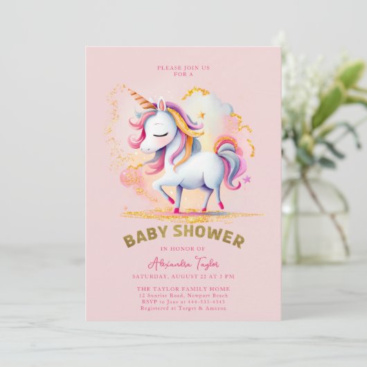 ピンク金ゴールド魔法ユニコーンレインボーガールベビーシャワー 招待状 (スタンド正面)