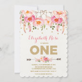 ピンク金ゴールド1st誕生日招待状フローラドリームキャッチャー 招待状 (正面)