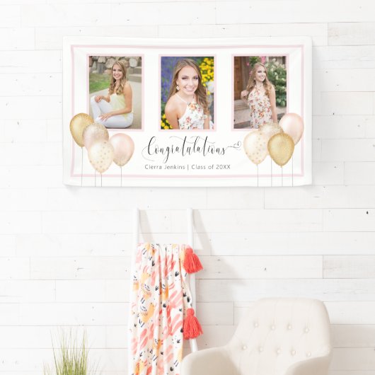 ピンク金ゴールド3枚の写真卒業バナー 横断幕 (インサイチュ)