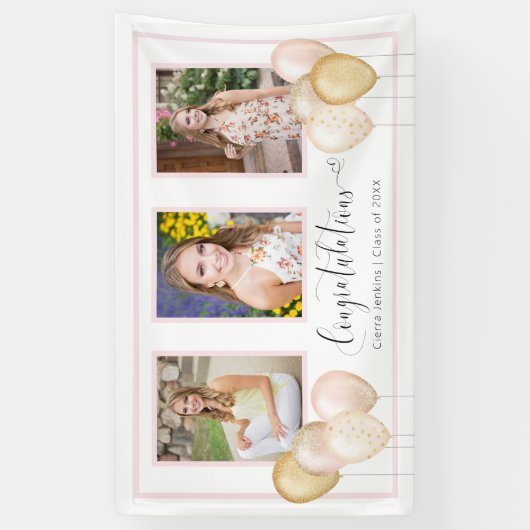 ピンク金ゴールド3枚の写真卒業バナー 横断幕 (縦)