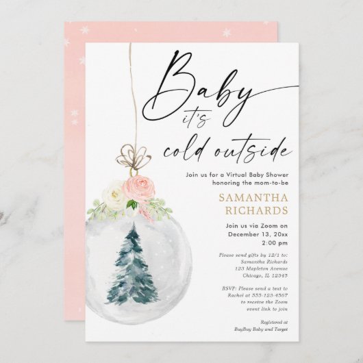 ピンク金ゴールド·ガール·ウィンター·バーチャル·ベビー·シャワー 招待状 (正面/裏面)