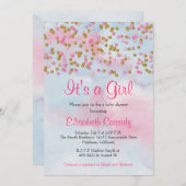 ピンク金ゴールド&ブルーグリッター散水ベビーシャワー 招待状 (正面/裏面)
