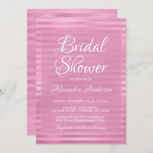 ピンク金属箔ガーリーストライプのブライダルシャワー 招待状 (正面/裏面)