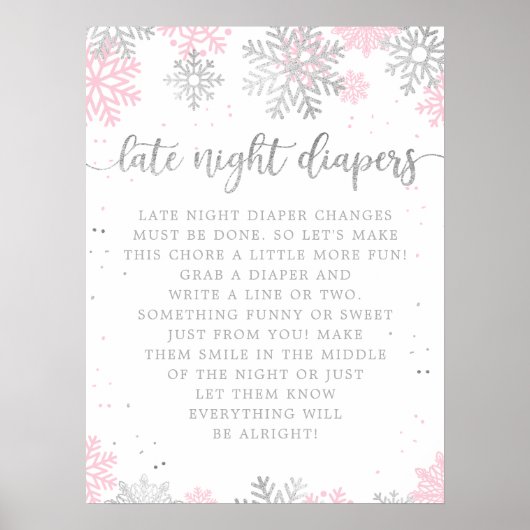 ピンク銀冬の晩夜寝用おむつ赤ちゃんシャワー ポスター (正面)