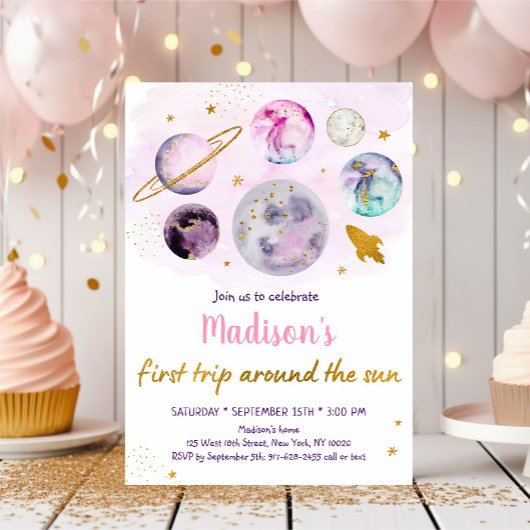 ピンク銀河系ファーストのまわりにトリップザサン誕生日 招待状