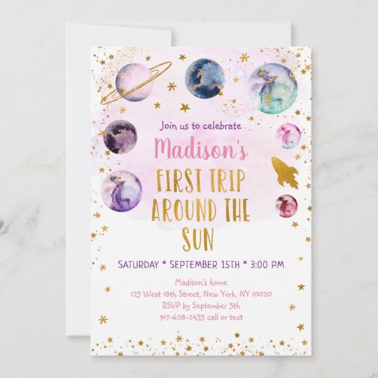 ピンク銀河系ファーストトのまわりにリップザサン誕生日 招待状 (正面)