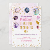 ピンク銀河系ファーストトのまわりにリップザサン誕生日 招待状 (正面/裏面)